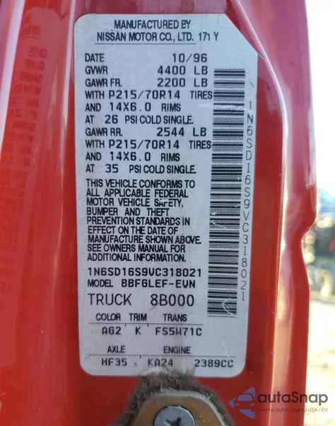 1997 Nissan Truck King Cab Se из США, поврежденный, VIN 1N6SD16S9VC318021